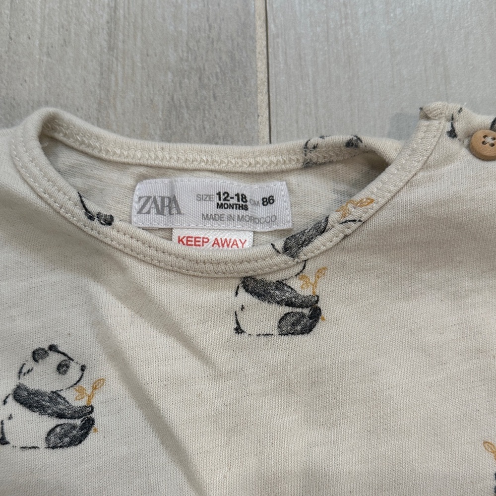 Zara 12-18M Cream Panda Print Top and Teal Ribbed Leggings Pants - Picture 2 of 11